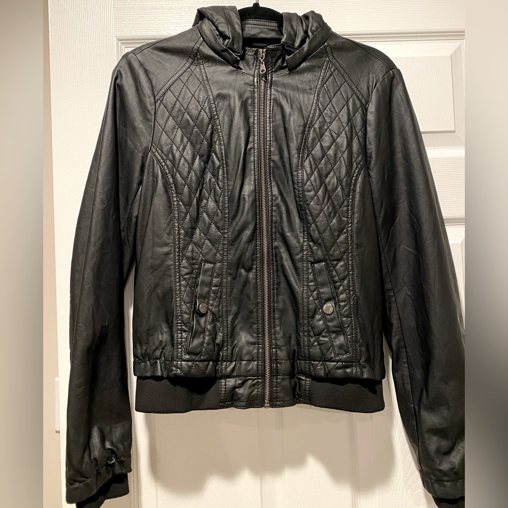Guess Faux Leather Moto Jacket with removable hood, Black, Size Medium
